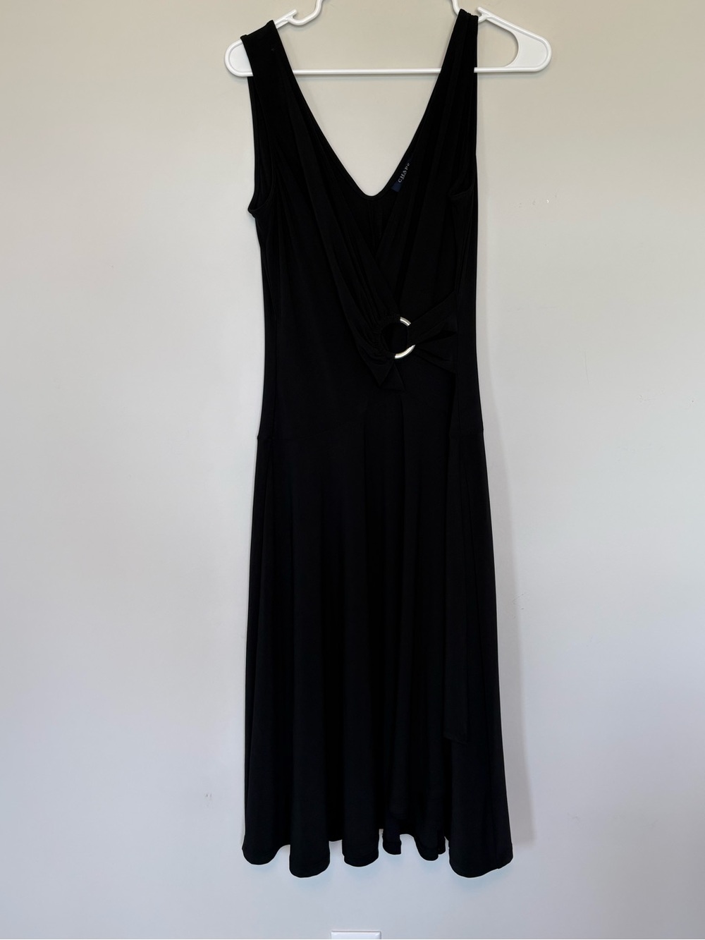 Chaps Black V-Neck Fit and Flare Midi Dress Silver Ring Accent Size Medium - Picture 1 of 8